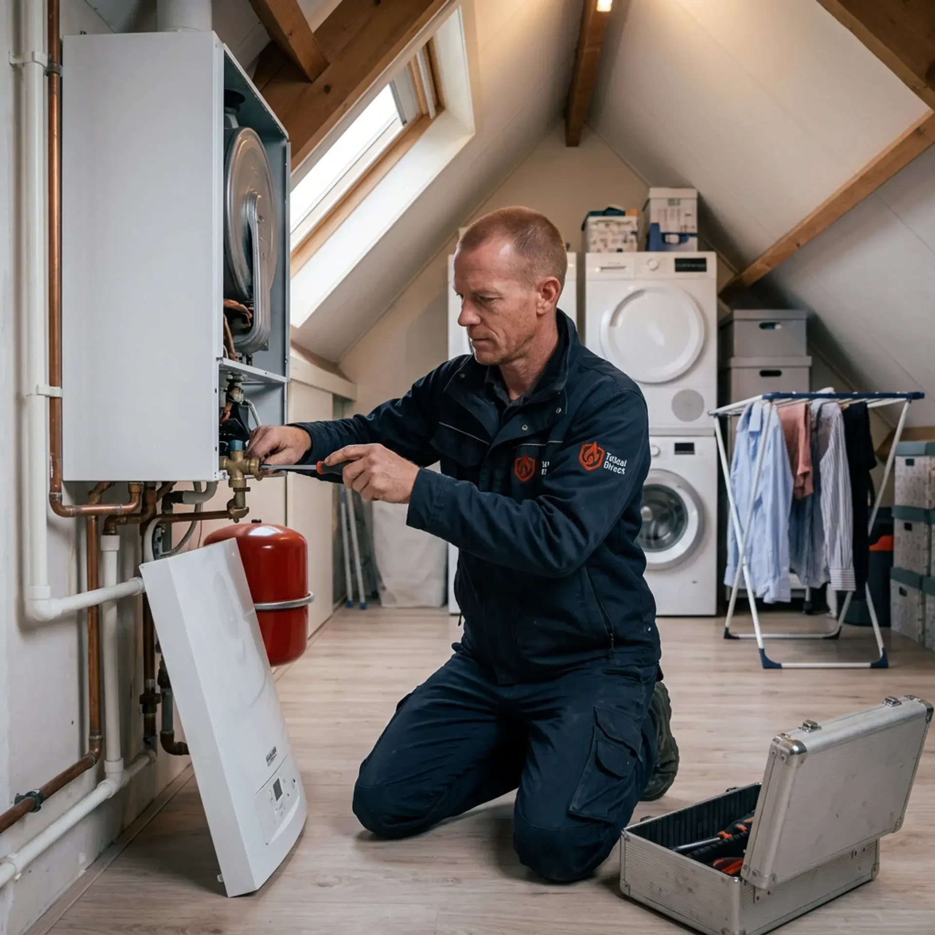 Monteur van CV Totaal Direct voert onderhoud uit aan een open CV-ketel